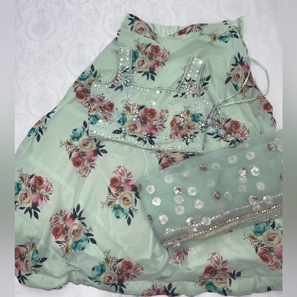 Lehenga- Indian, Punjabi party suit. Floral mint green. Printed flowers. - Picture 1 of 5